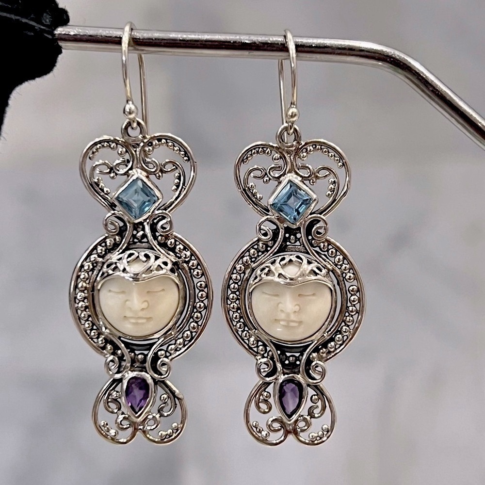 Carved Bone Multigemstone Sterling Silver Dangle Earrings